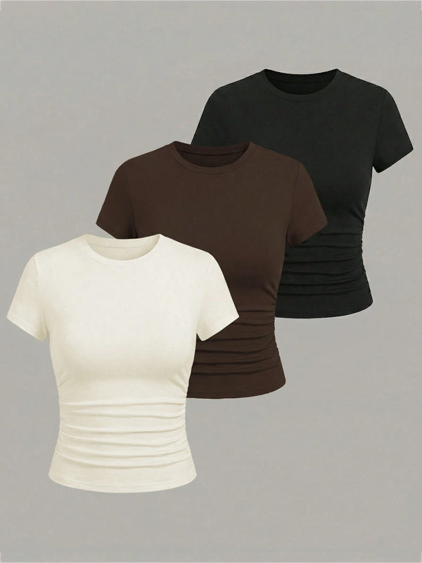 EMERY ROSE 3pcs Women's Casual Everyday Commute Minimalist Solid Color Ruched Fitted Short Sleeve T-Shirts Occasion White And Brown Summer
