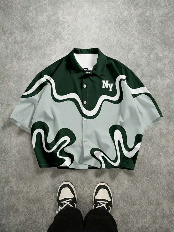 Manfinity EMRG Graphic Print Front Button Casual Short Sleeve Cropped Shirt